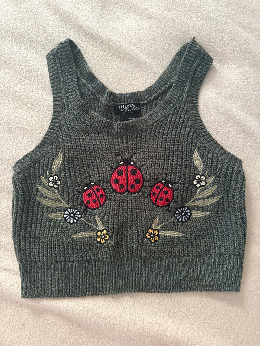 Women’s Green Knit Tank with Red Ladybug Embroidery